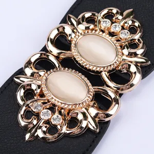 Women fashion elastic waist belt with gold vintage rhinestone buckle main view product