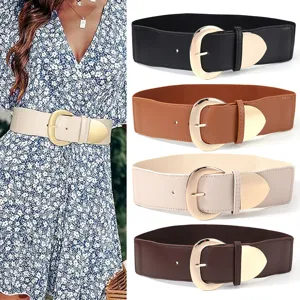 Women Fashion Vintage Wide Belt Retro Gold Pin Buckle Elastic Cinch Belt Casual Dress Coat Decorative Waist Band