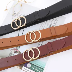 Women stylish PU leather belt with double round metal buckle, versatile casual jeans waist belt.