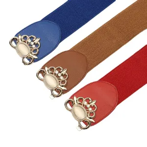 Women elastic wide waist belt with elegant rhinestone metal buckle for dresses and coats.