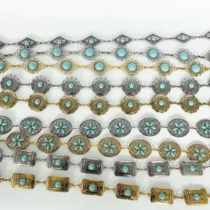 Conjunto de cadena de cintura de metal turquesa bohemio, cinturones de vestido vintage florales.