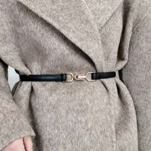Women thin black waist belt with gold metal buckle elegant coat dress accessory chic