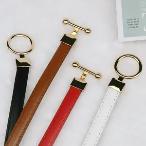 Women slim PU leather belt with metal O-ring OT clasp, chic adjustable casual waist strap.