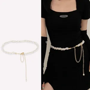 Women Sweet Pearl Waist Chain Gold Metal Belt Dress Sweater Decorative Accessories Fashion Waist Jewelry