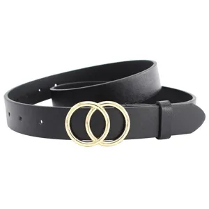 Classic black PU leather belt featuring a stylish gold double ring metal buckle for women.