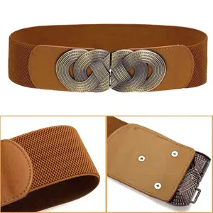 Women vintage elastic wide waist belt retro metal buckle stylish dress coat stretch cincture