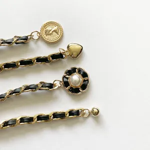 Chic leather woven chain belt for women, elegant metal waist chain with cute charms!