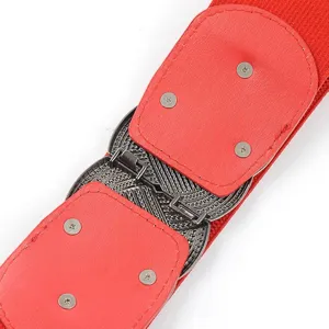 Red elastic wide waist belt for women vintage interlocking metal buckle dress coat accessory