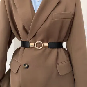 Women elastic thin waist belt stylish metal round buckle dress coat decorative belt