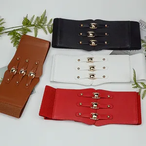 Women's Retro Versatile Wide Corset Belt Vintage Elastic PU Leather Waist Belt With Metal Snaps For Dress Down Jacket