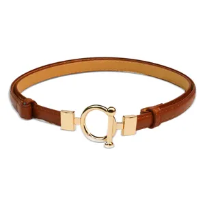 Minimalist brown PU leather thin belt for women with gold tone OT buckle summer dress accessory
