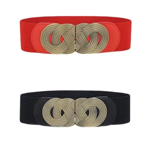 Women retro elastic wide waist belt set with vintage metal interlocking buckle for dresses coats.