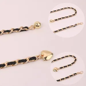 Women fashion leather woven chain belt gold metal waist accessory with heart ball pendant