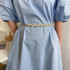 Elegant pearl waist chain for women, sweet metal chain belt for dresses and sweaters.