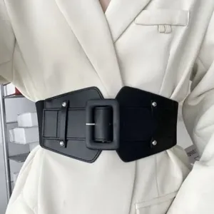 Women Retro Wide Elastic Belt Faux Leather Square Buckle Waist Seal Casual Versatile Dress Corset Waistband