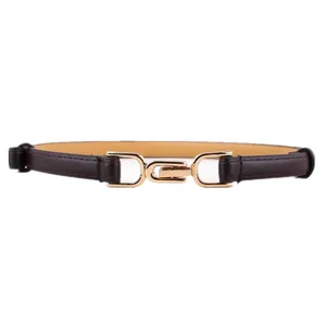 Elegant thin women's belt in dark brown with a stylish gold metal buckle for dresses and coats.