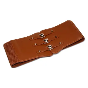 Wide elastic corset belt for women, brown PU leather retro waist cincher with metal buttons.
