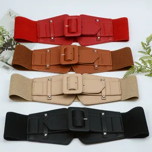 Women retro wide elastic waist belt with square buckle, stylish dress corset belt for ladies.