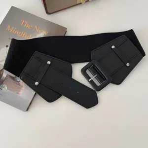 Japanese vintage women's wide elastic waist belt with buckle, casual autumn dress belt.