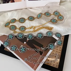 Cadena de cintura de metal tallado turquesa bohemio mujer vestido retro cinturón decorativo