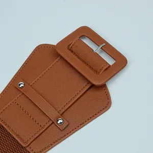 Women retro wide elastic belt brown PU leather square buckle waist cincher dress accessory