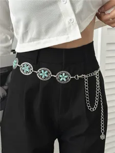 Cadena de cintura de metal flor turquesa bohemia vestido retro cinturón detalle mujer.