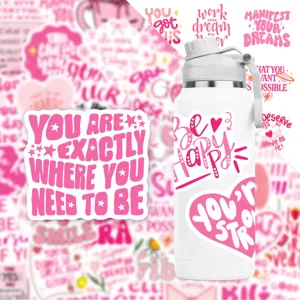 Pink motivational quote sticker detail view, waterproof decorative decal for cups.