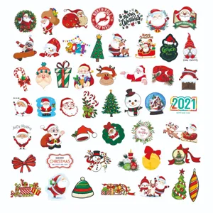 Vista detallada de pegatinas navideñas con varios diseños festivos como Papá Noel.