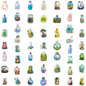 Cute bottle world terrarium stickers set, waterproof PVC cartoon laptop luggage decal pack.