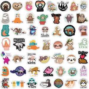 Close-up detail of cute cartoon sloth stickers pack featuring various fun designs and quotes.