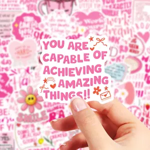 Pink motivational English quote waterproof sticker for water bottle, phone case, and journal.
