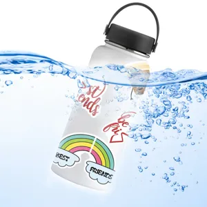 Detailed view of cute best friends graffiti stickers on a white water bottle in water, waterproof vinyl.