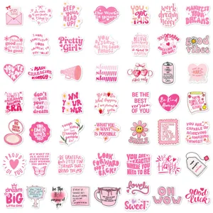 50pcs pink motivational quote stickers set for water bottles, phone cases, and journaling.