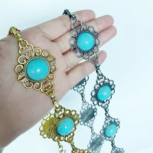 Cadena de cintura turquesa bohemia, detalle de cinturón vestido metal retro, estilo étnico versátil.