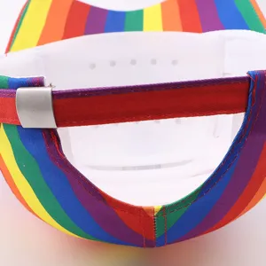 Vue arrière détaillée d'une casquette baseball à rayures arc-en-ciel avec boucle métal.