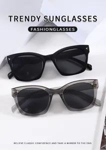 Detail view of trendy square sunglasses in black and translucent gray with stylish frame.
