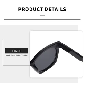 Black square sunglasses detail, UV protection lenses, sturdy hinge design for daily wear.