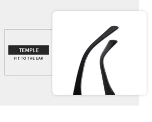 Detailed view of glossy black sunglasses temple, ergonomic curve design for comfortable fit to ear.