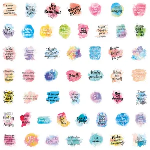 Details of colorful watercolor inspirational quote stickers showing various positive text designs.