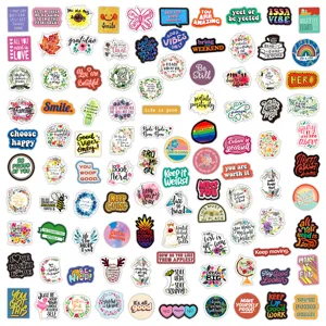 Detail view of waterproof English motivational graffiti stickers, perfect for journal and laptop decor.