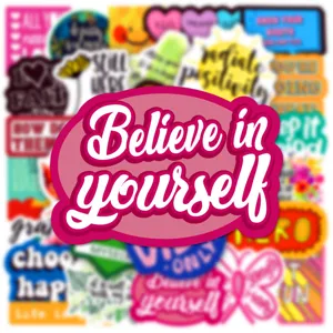 Detail shot of English motivational quote waterproof graffiti sticker pack with vibrant colors.