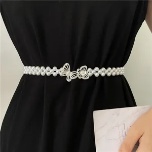 Women pearl waist belt elastic beaded dress belt with metal butterfly buckle chic accessory