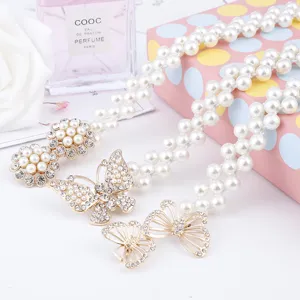 Fashion pearl waist belt for women with rhinestone butterfly buckle sweet elastic dress chain