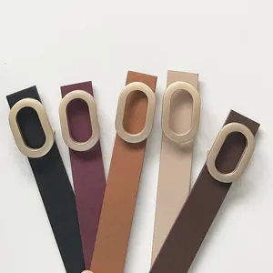Women PU leather belt with large oval metal buckle, multi-color casual waist belt for jeans.