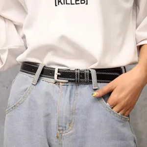 Women stylish black leather belt white stitching casual metal pin buckle waist accessory