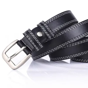Black leather women belt with white stitching and silver buckle for casual daily wear main view