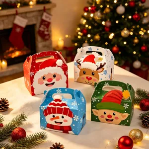 Charming Christmas gift gable boxes featuring cute Santa, reindeer, snowman and elf designs.