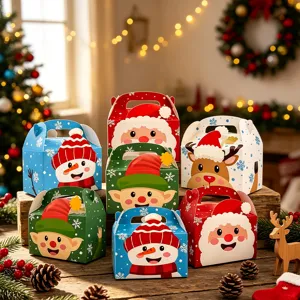 Detailed view of Christmas portable candy gift boxes featuring cute cartoon holiday designs.