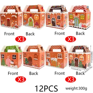 Christmas gingerbread house paper gift boxes, festive treat containers with handles, 12pcs.