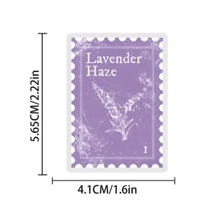 Purple stamp sticker detail showing Lavender Haze text and floral illustration graphic.